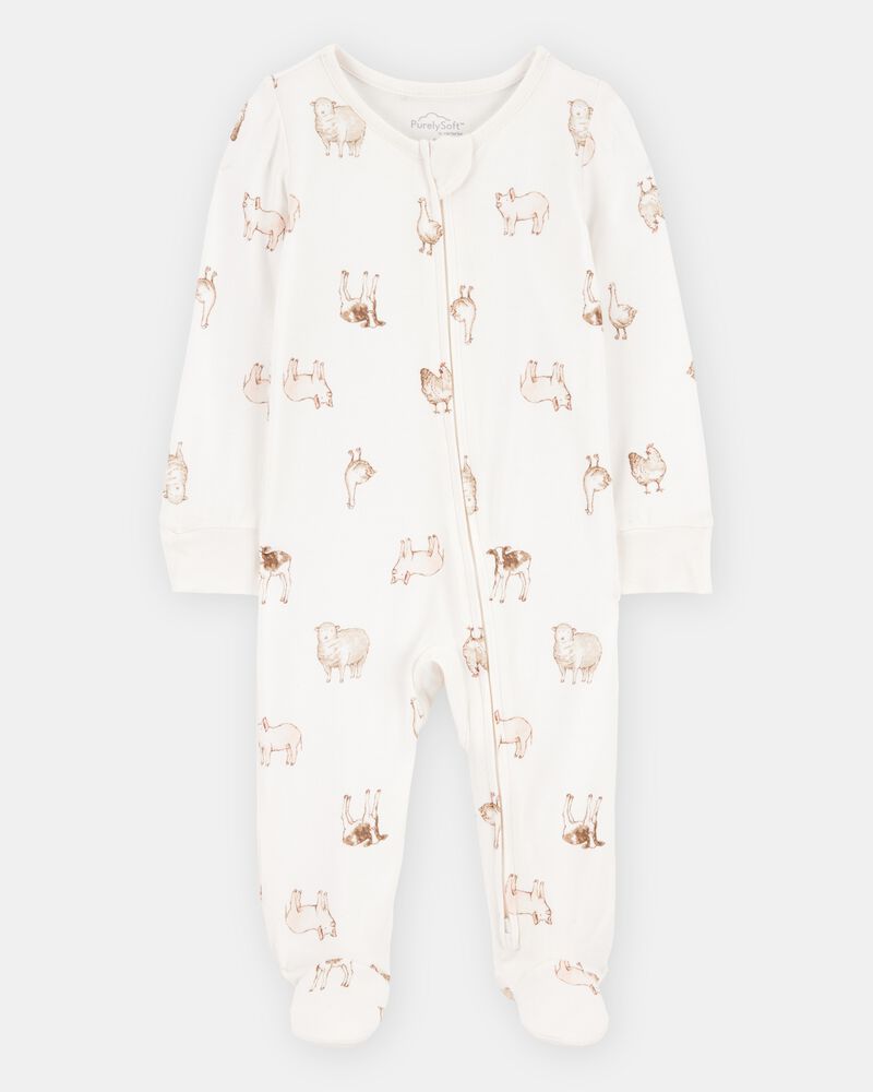 Baby Farm Animals Print 2-Way Zip PurelySoft Sleep & Play Pajamas - Ivory, image 1 of 6 slides