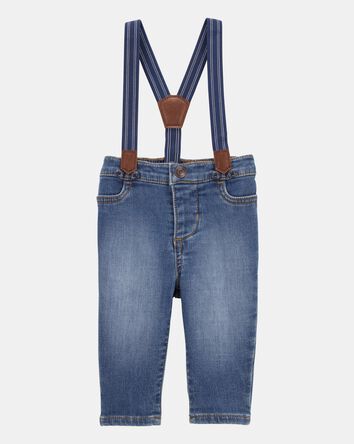 Baby Knit-Denim Suspender Pants - Blue, 