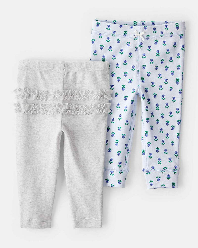 Baby 2-Pack Floral Pull-On Pants - Grey/Blue, image 1 of 6 slides