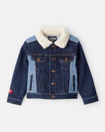 Toddler Hickory Stripe Denim Jacket with Teddy Fleece Collar - Blue, 
