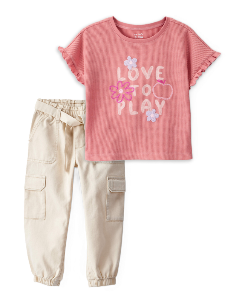Toddler Girl 2-Piece Love to Play Graphic Tee & Cotton Cargo Joggers Set - Ivory/Pink, image 1 of 8 slides