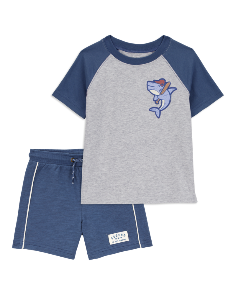 Baby 2-Piece Shark Baseball Short-Sleeve Tee & Pull-On Shorts Set - Grey/Navy, image 1 of 6 slides