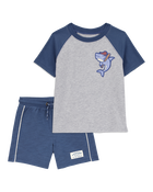 Baby 2-Piece Shark Baseball Short-Sleeve Tee & Pull-On Shorts Set - Grey/Navy, image 1 of 6 slides