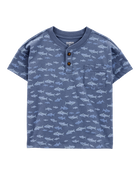 Toddler Henley Fish Print Shirt - Blue, image 1 of 3 slides