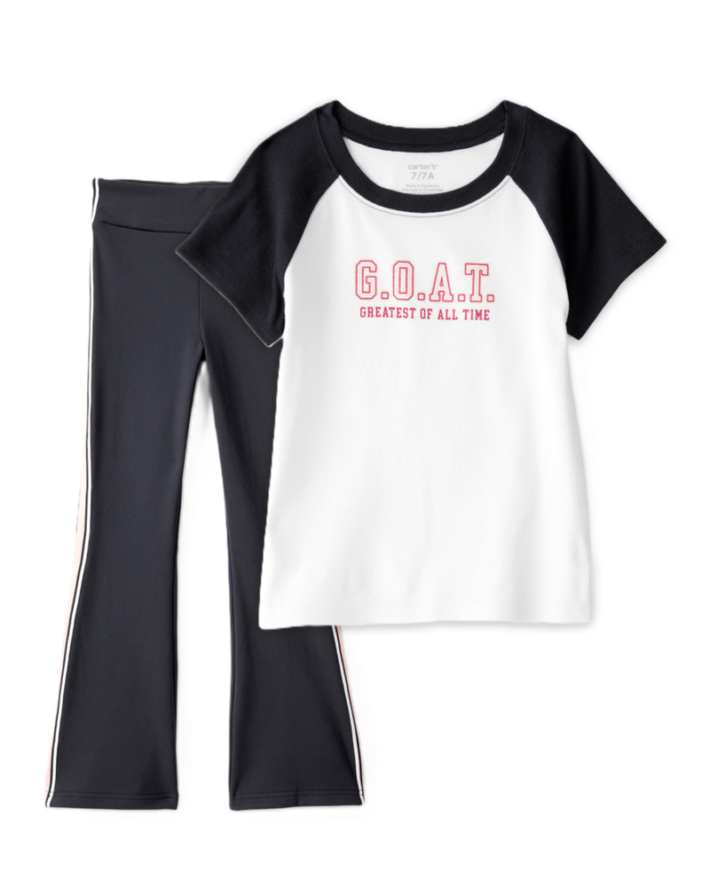 Girls 2-Piece G.O.A.T Graphic Tee & Knit Active Flared Pants Set - Black/Ivory, image 1 of 7 slides