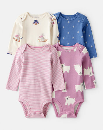 Baby Girl 4-Pack Polar Bear Print Cotton Long-Sleeve Multipack Bodysuits - Multi, 