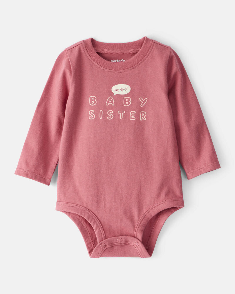 Baby Girl Sweetest Baby Sister Cotton Long-Sleeve Graphic Bodysuit - Pink, image 1 of 3 slides