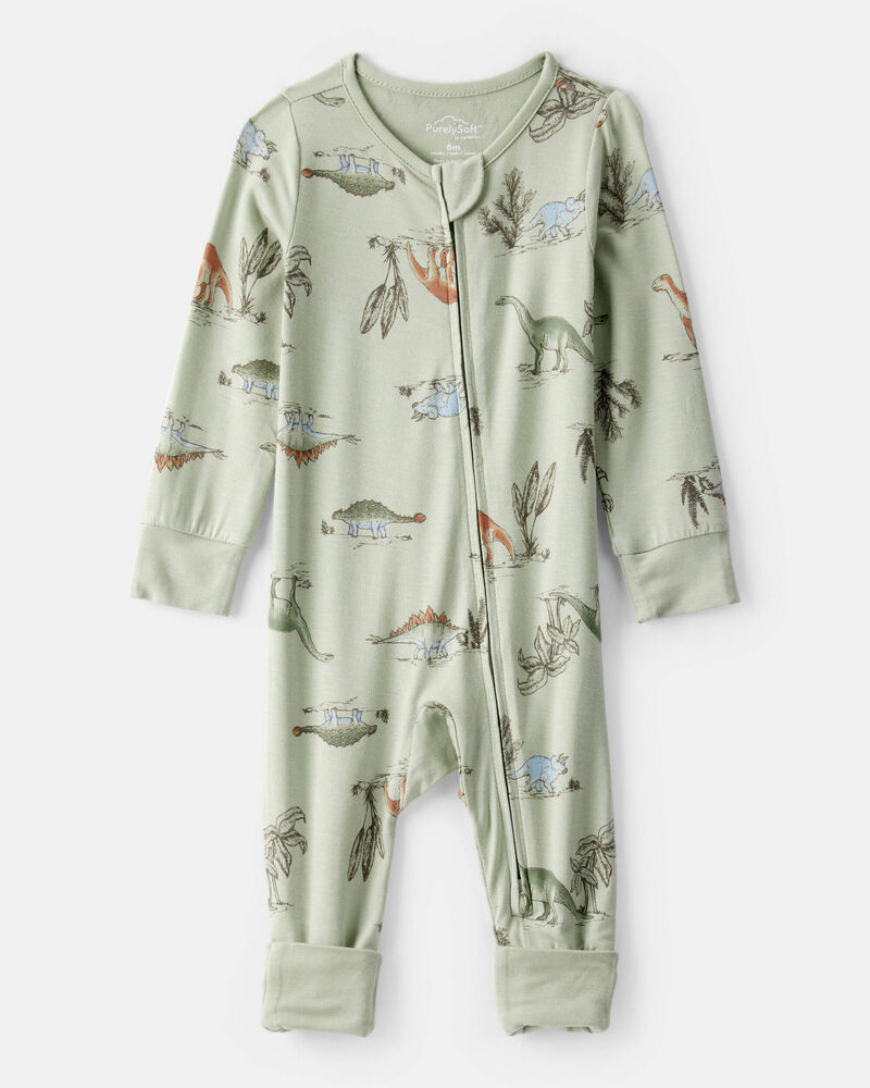 Baby Boy Dinosaur Print PurelySoft Long-Sleeve Sleep & Play Pajamas - Green, image 1 of 8 slides