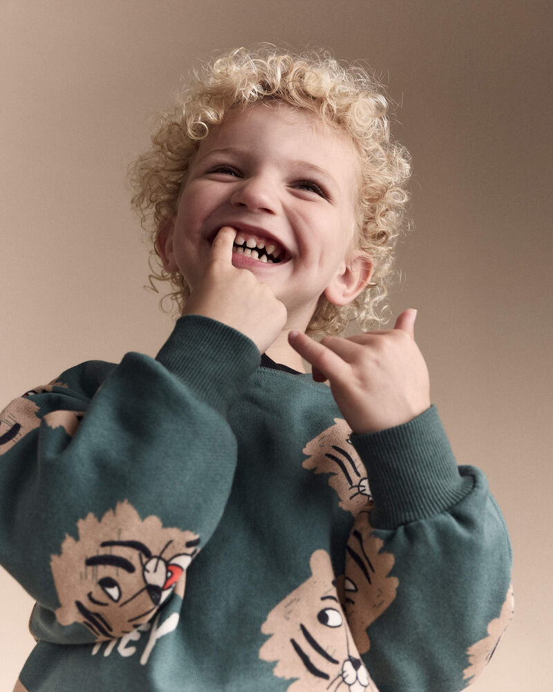 Toddler 'Hey' Tiger Dolman-Sleeve Sweatshirt - Green, image 4 of 7 slides