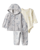 Baby Boy 3-Piece Dog Hoodie, Pants & Bodysuit Set - Grey/Ivory, image 1 of 8 slides
