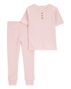 Toddler Solid Ribbed Cotton Blend 2-Piece Pajamas - Pink, image 1 of 3 slides