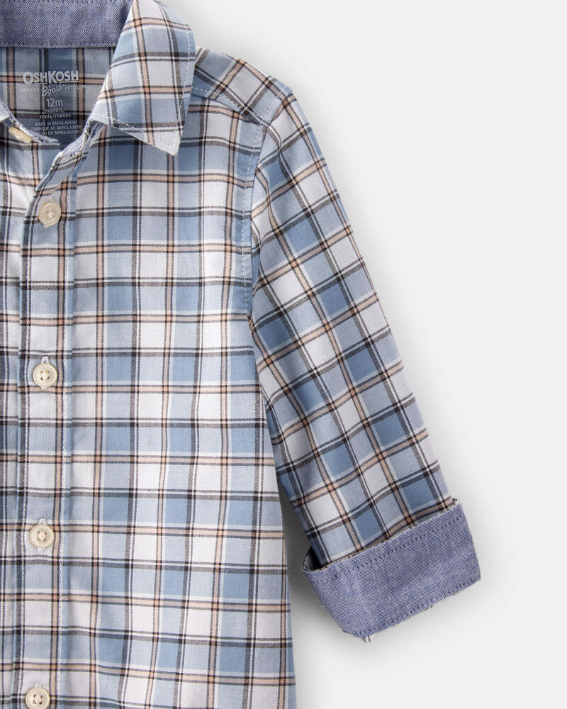 Baby Boy Plaid Cotton Long-Sleeve Button-Down Fashion Bodysuit - Blue, image 2 of 4 slides