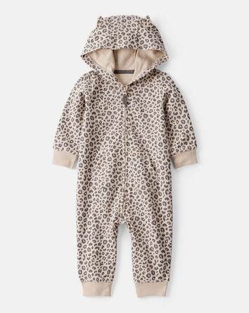 Baby Girl Cat Leopard Print Cotton Long-Sleeve Hooded Jumpsuit - Brown, 