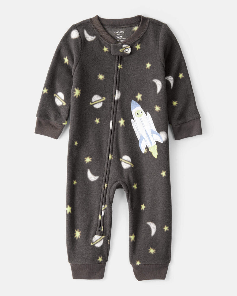 Toddler Boy Spaceship Star Fleece Long-Sleeve Loose Fit 1-Piece Pajamas - Grey, image 1 of 4 slides
