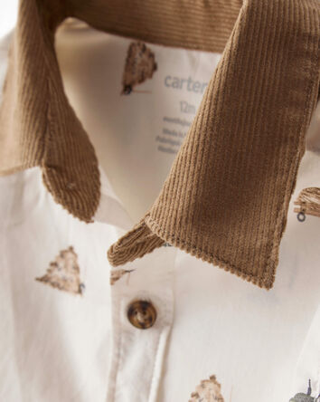 Baby Boy Tractor Print Cotton Long-Sleeve Button Down Shirt - White, 