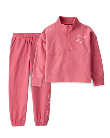 Girls 2-Piece Heart Print Hoodie & Joggers Set - Pink, 