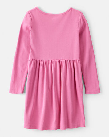 Girls Long Sleeve Cotton Dress - Pink, 