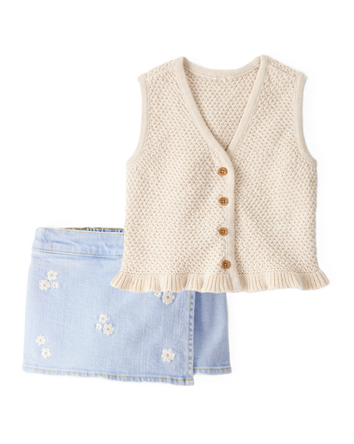 Toddler Girl 2-Piece Button-Up Sleeveless Vest & Embroidered Denim Skort Set - Cream/Blue, 