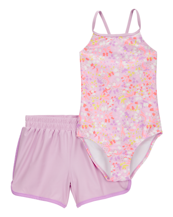 Girls 2-Piece Printed 1-Piece Swimsuit & Short Set, 