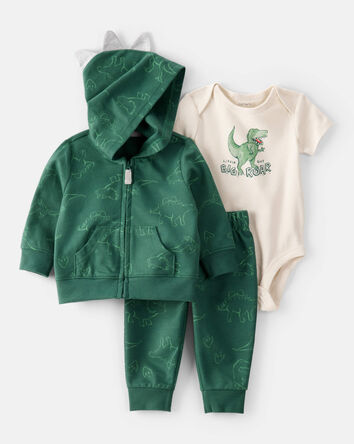 Baby 3-Piece "Little Guy Big Roar" Dinosaur Jacket Outfit Set - Green/Ivory, 
