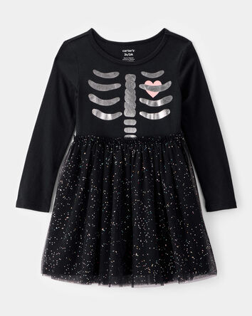 Toddler Halloween Skeleton Glitter Tulle Dress - Black, 