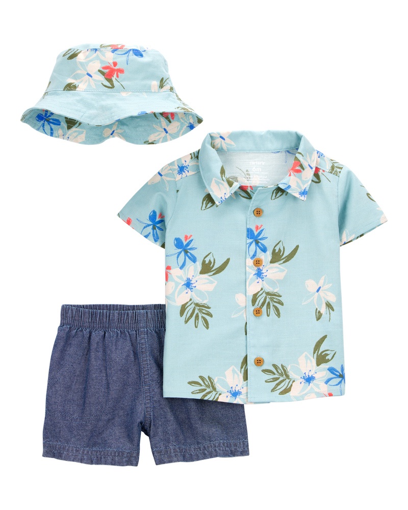 Baby 3-Piece Tropical Button-Down Shirt & Chambray Short Set, image 1 of 3 slides