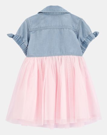 Baby Denim Shirt Dress With Tulle Skirt, 