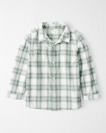 Boys Organic Cotton Herringbone Button-Front Shirt in Plaid, 