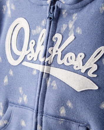 Baby Girl Heart Print Fleece Hooded Zip-Up Jacket - Blue, 