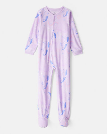 Girls Unicorn Print Loose Fit Long-Sleeve Zip-Up 1-Piece Pajamas - Purple, 