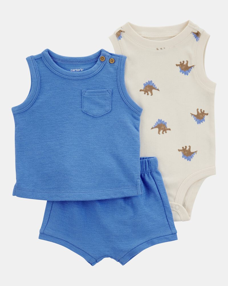 Baby Boy 3-Piece Dinosaur Little Short Set - Blue/Ivory, image 1 of 5 slides