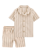 Toddler 2-Piece Striped Button-Down Shirt & Drawstring Shorts Set - Khaki, image 1 of 10 slides