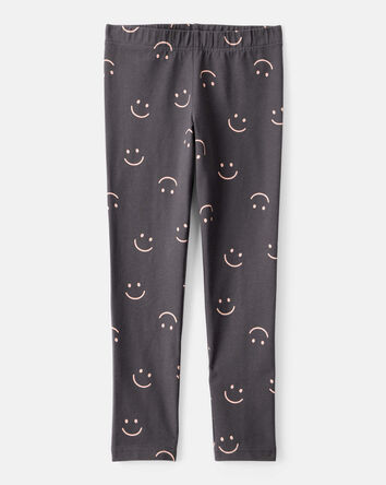 Girls Smiley Face Print Cotton Pull-On Stretch Leggings - Black, 