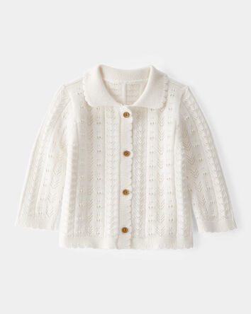 Baby Girl Pointelle Button-Down Collared Cardigan - Ivory, 