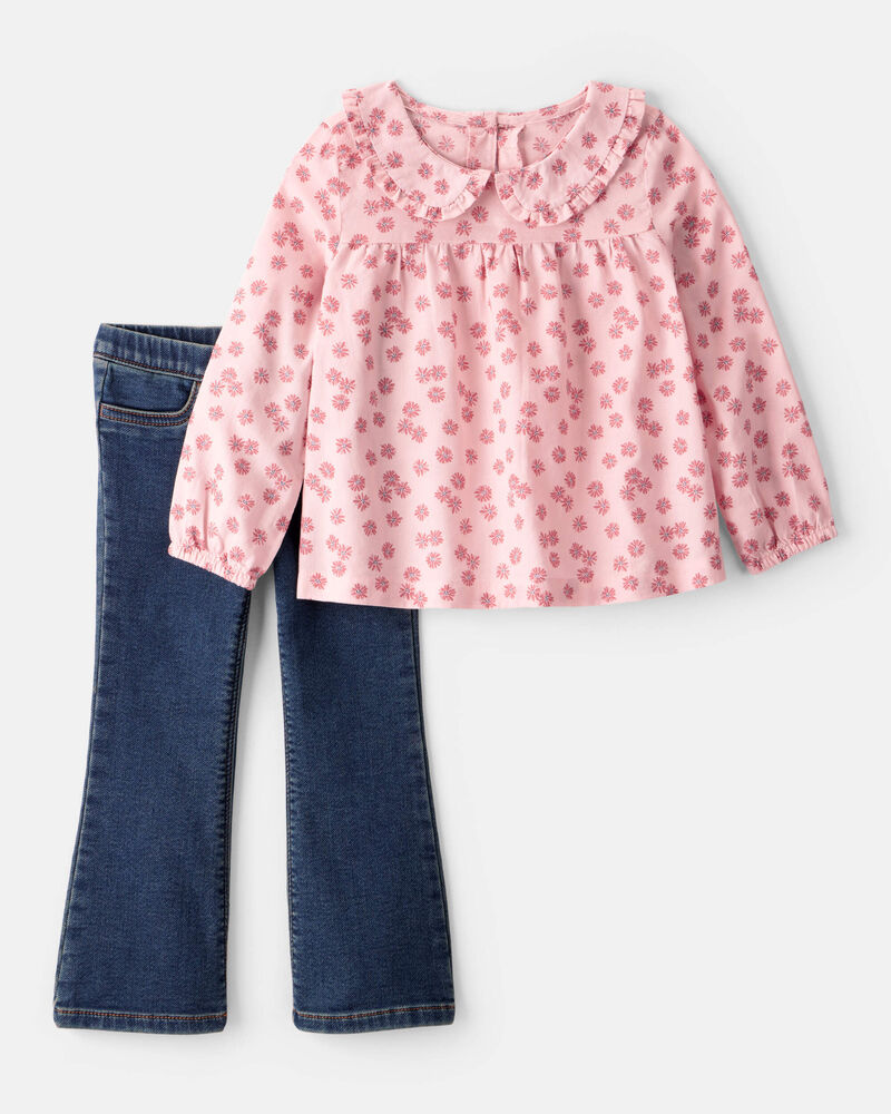 Toddler Girl 2-Piece Floral Top and Denim Pants Set, image 1 of 6 slides