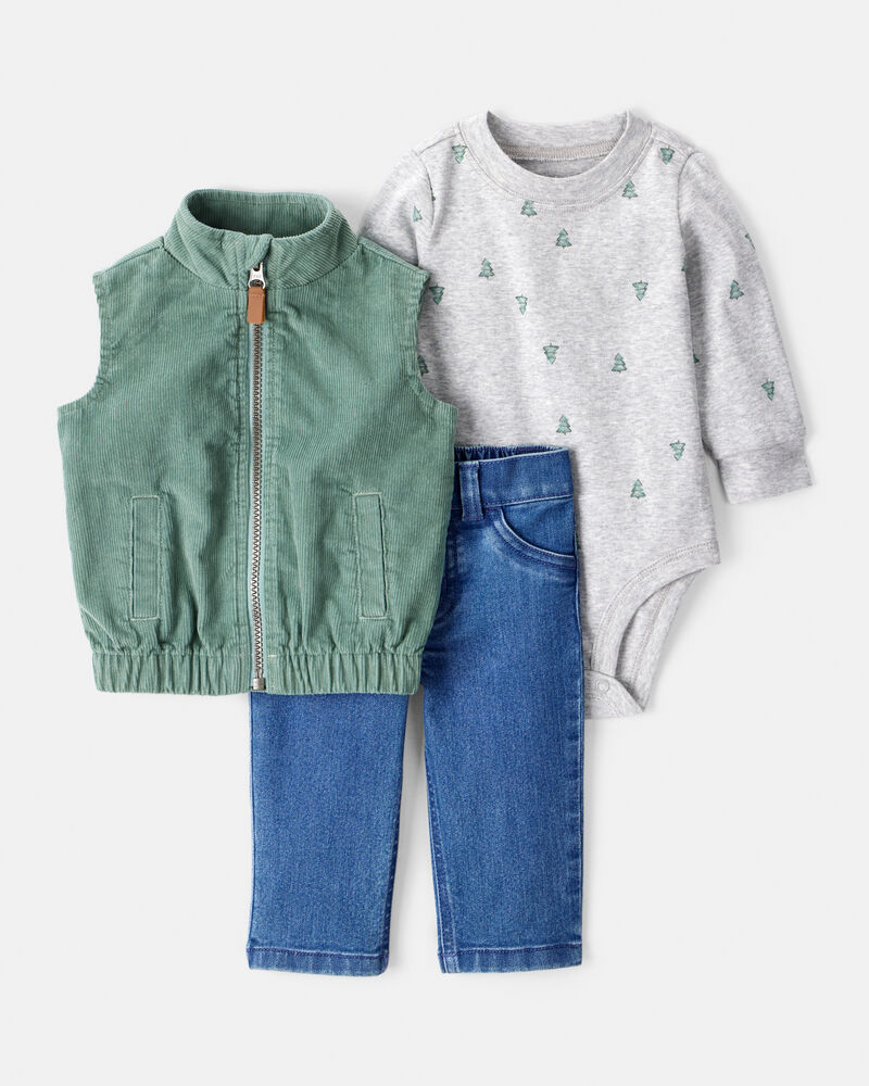 Baby Boy 3-Piece Corduroy Vest, Bodysuit & Pant Set - Green, image 1 of 6 slides