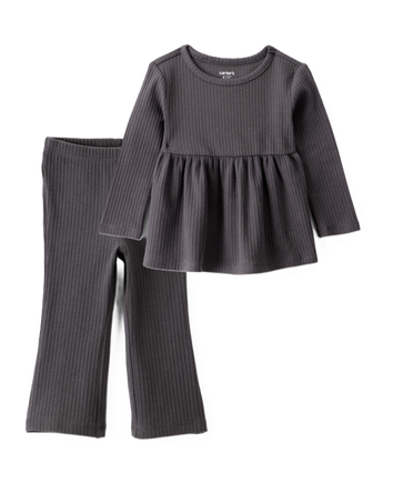 Toddler Girl 2-Piece Black Peplum Top & Cotton Flare Leggings Set - Black/Grey, 