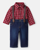 Baby Boy 3-Piece Plaid Print Long-Sleeve Shirt & Suspender Pant Set - Red/Denim, image 1 of 6 slides