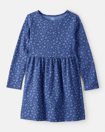 Girls Floral Print Long Sleeve Cotton Dress - Blue, 