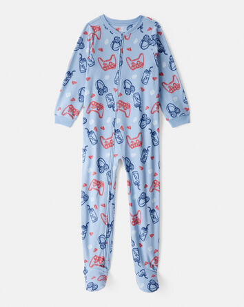 Boys Video Games Print Fleece Long-Sleeve Zip-Up 1-Piece Pajamas - Blue, 