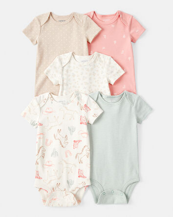 Baby Girl 5-Pack Cowgirl Print Cotton Multipack Bodysuits - White/Blue/Pink, 