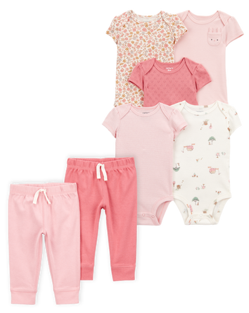 Baby 7-Piece Short-Sleeve Bodysuits & Pull-On Pants Set - Pink, 