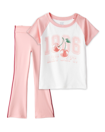 Girls 2-Piece Cherry Graphic Tee & Knit Flare Pants Set - Ivory/Pink, 