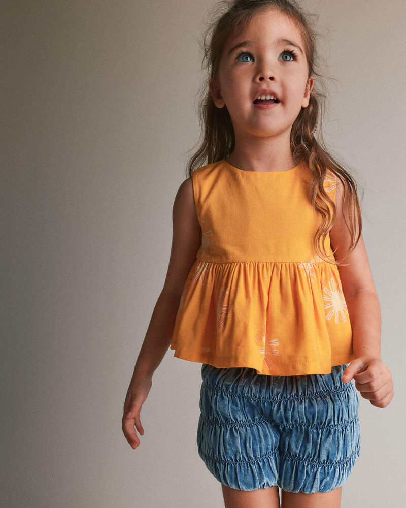 Toddler Girl Peplum Top in Sunny Life Print - Golden Yellow, image 3 of 5 slides