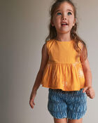 Toddler Girl Peplum Top in Sunny Life Print - Golden Yellow, image 3 of 5 slides