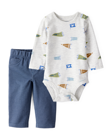 Baby Boy 2-Piece Football Print Bodysuit & Faux Denim Pants Set - Grey/Navy, 