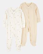 Baby 2-Pack 2-Way Zip Cotton Sleep & Play Pajamas - White/Beige, image 1 of 4 slides