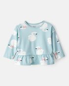 Baby Girl Swan Print Long-Sleeve Peplum Top - Blue, image 1 of 3 slides