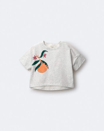Toddler Girl 'Vibing' High-Low Dolman Tee in Clementine Print - Heather Grey, 