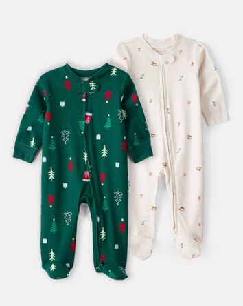 Baby 2-Pack Christmas 100% Cotton Snug Fit 2-Way Zip Sleep & Play Pajamas -Green/White, 
